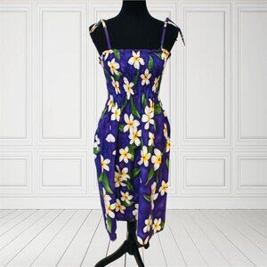 Pacific Legend Vintage Hawaiian Midi Dress Plumeria Floral Smocked Beach One Sz